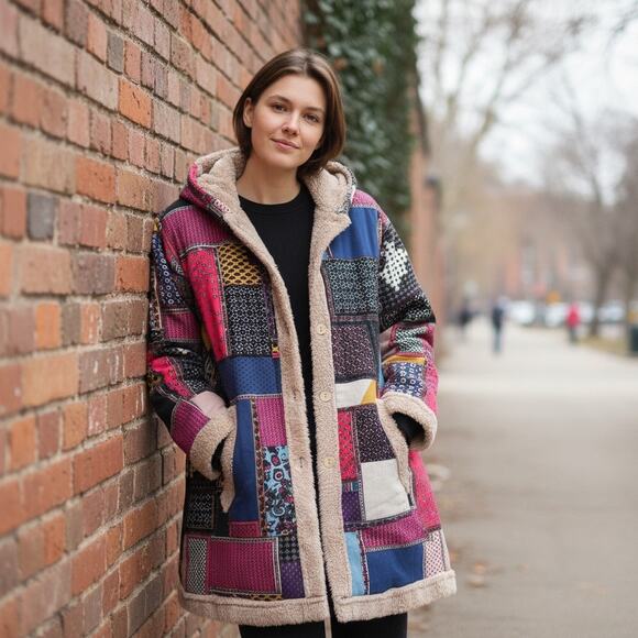 Cellabie Patchwork Coat 2XL Boho Fleece Phoebe Buffay Style Cottagecore Y2K - Picture 4 of 12